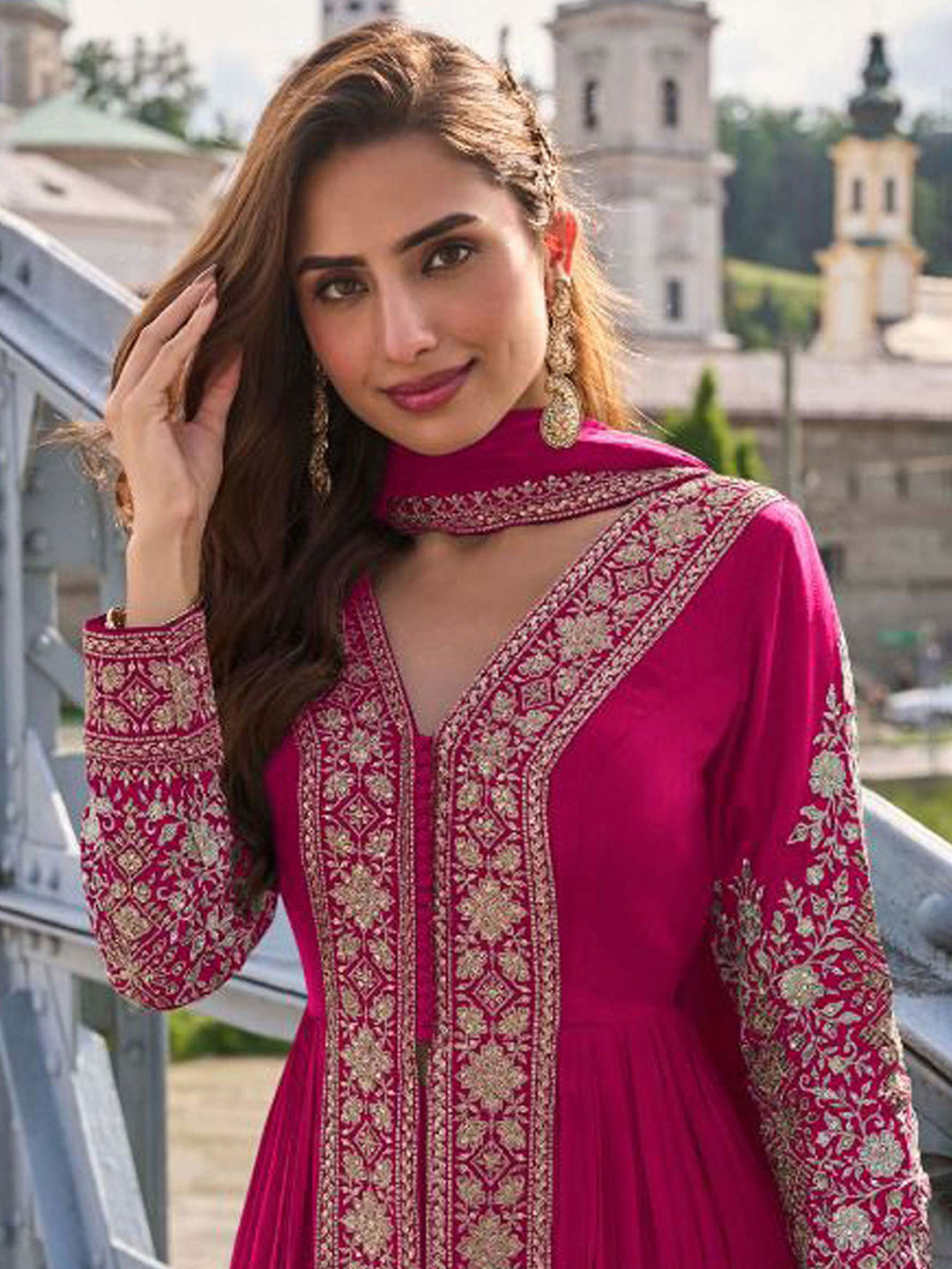 Embroidered Chinon Kurta With Plazzo &amp; Dupatta