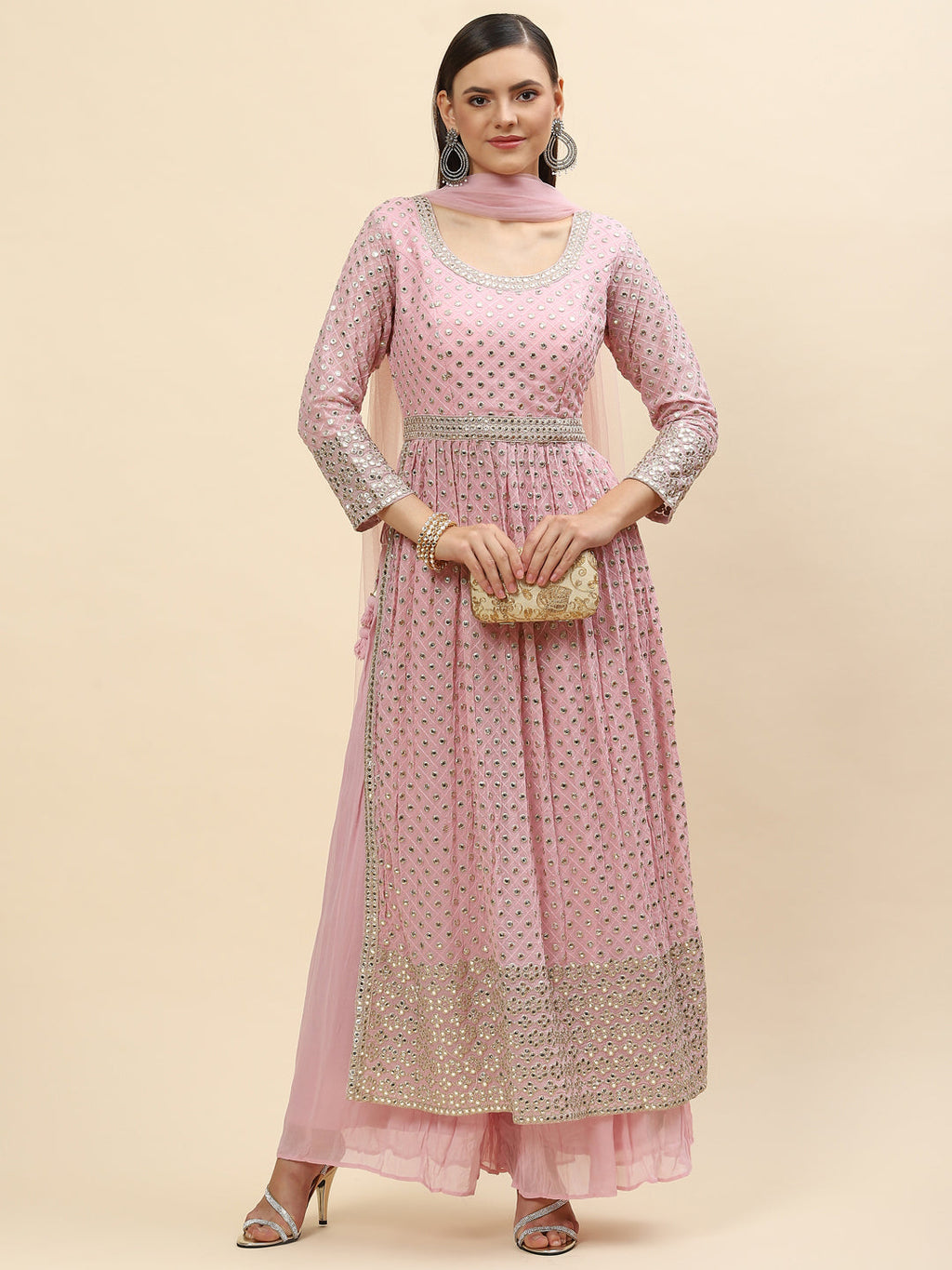 Mirror Embroidered Georgette Kurta With Palazzo & Dupatta