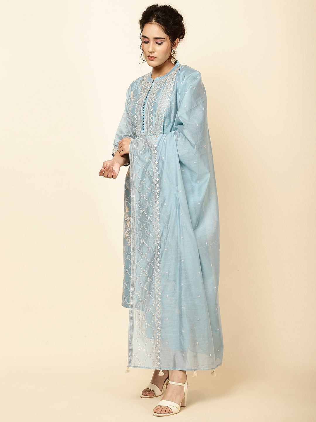 Embroidered Chanderi Kurta With Pants &amp; Dupatta
