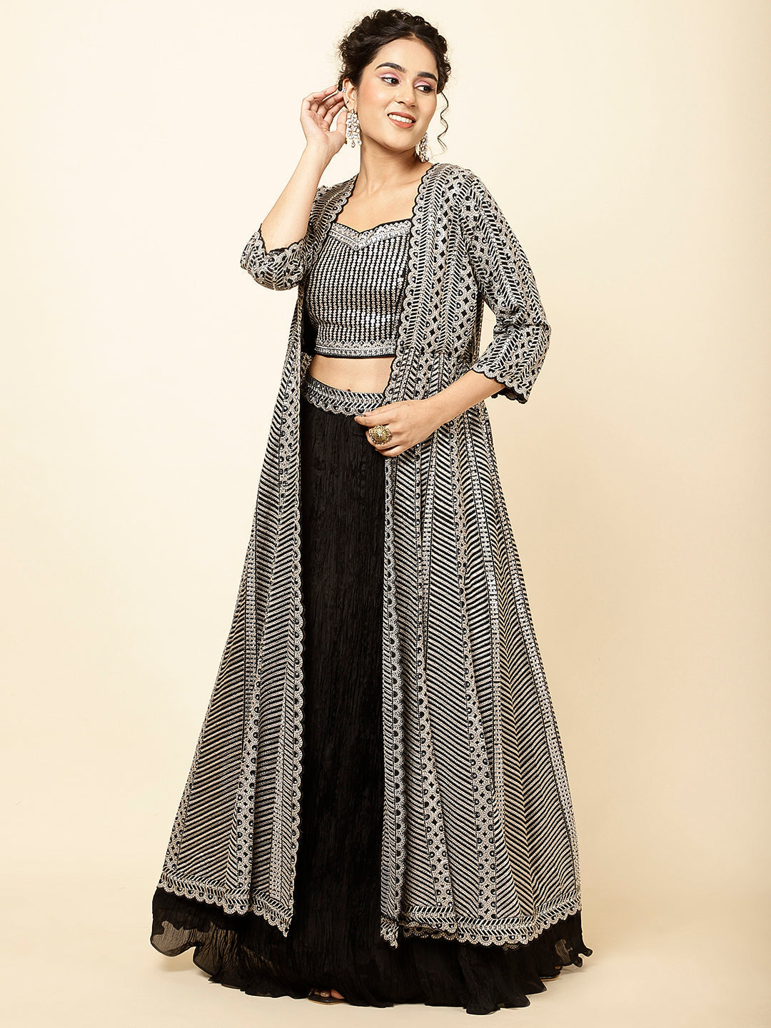 Sequin Embroidered Crepe Choli With Lehenga &amp; Jacket