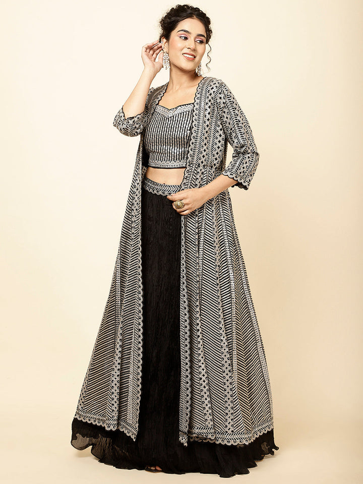Sequin Embroidered Crepe Choli With Lehenga &amp; Jacket