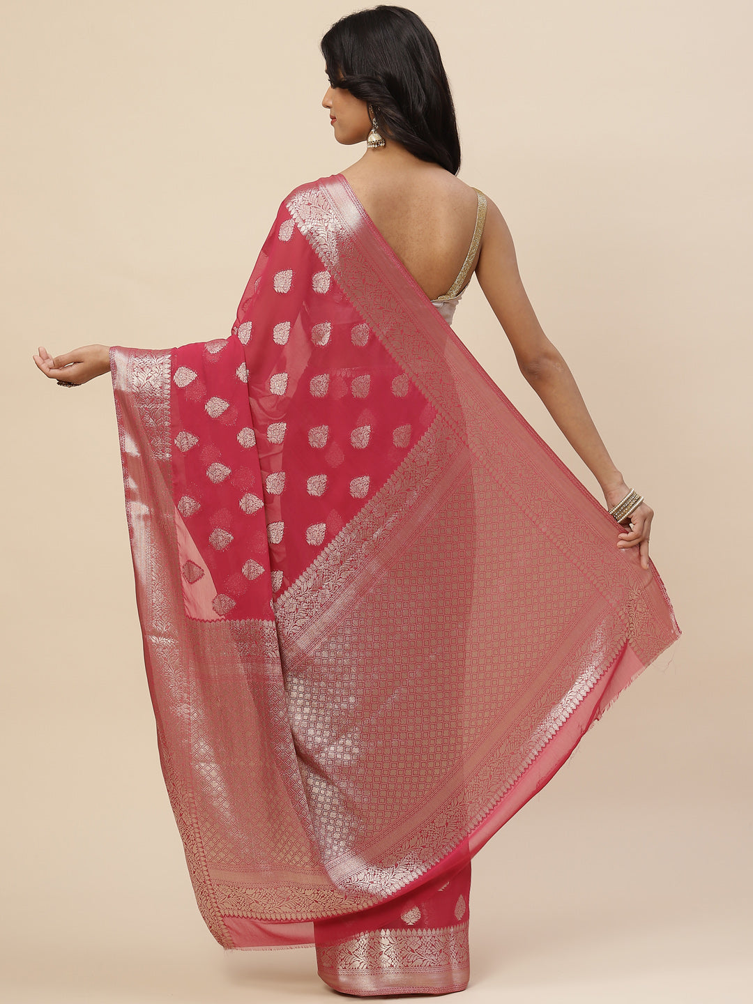 Zari Booti Chiffon Plain Saree