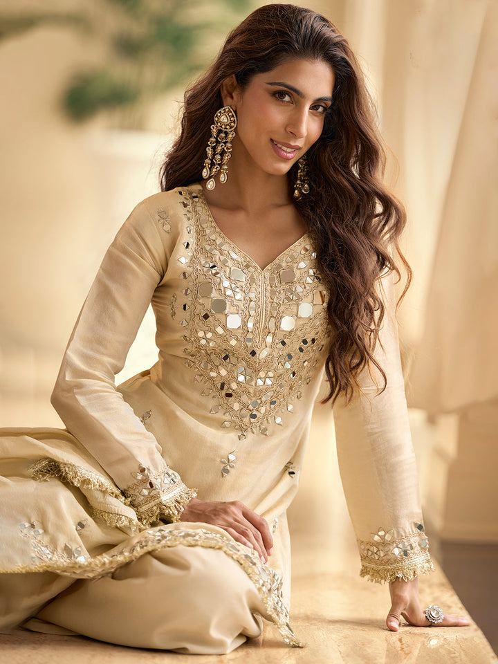 Embroidered Art Silk Kurta With Pant &amp; Dupatta