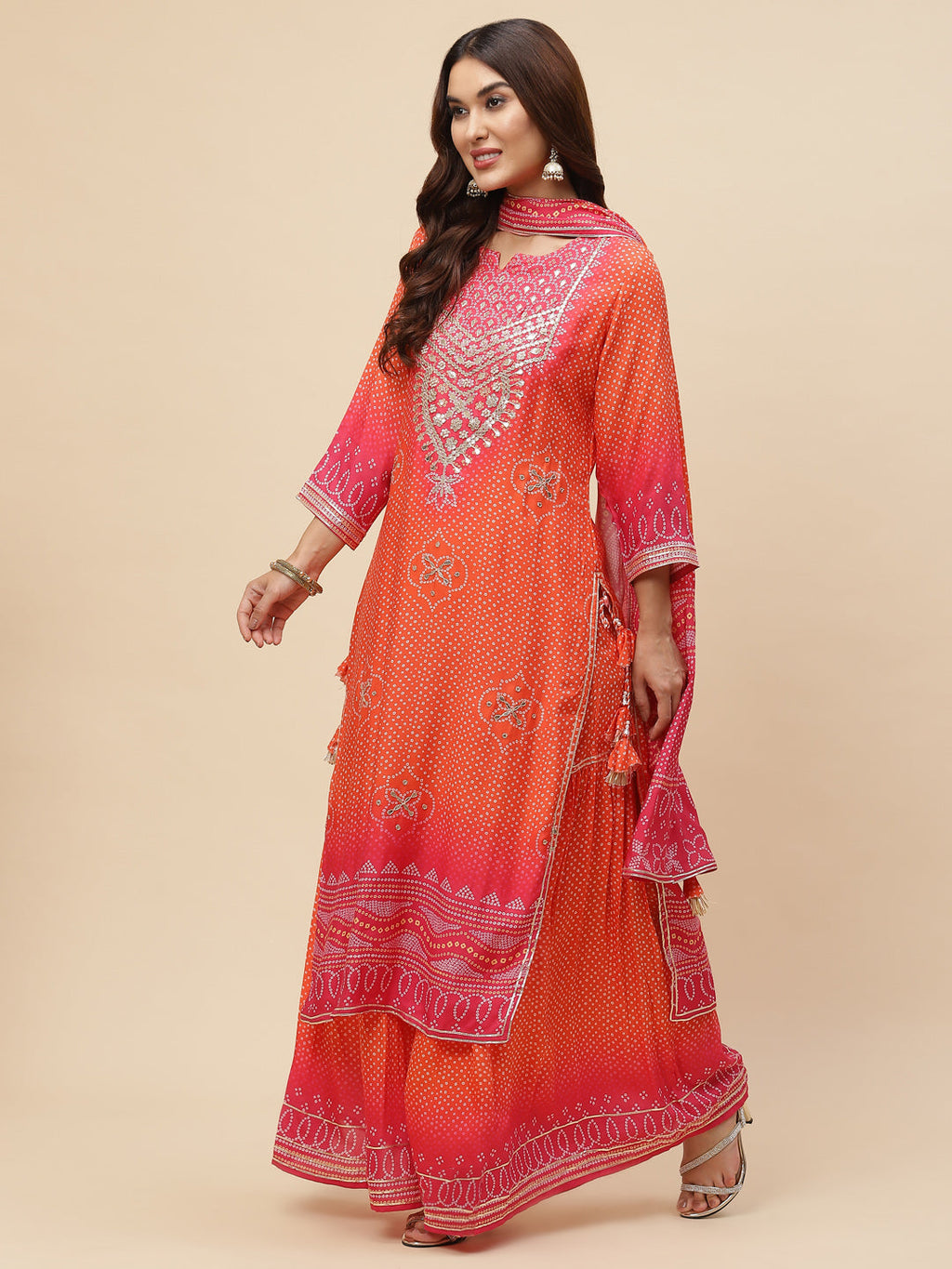Bandhani Printed Muslin Kurta With Sharara With Dupatta