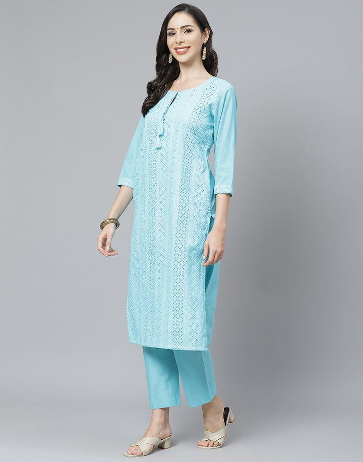 Cotton Embroidered Kurti with Straight Pant