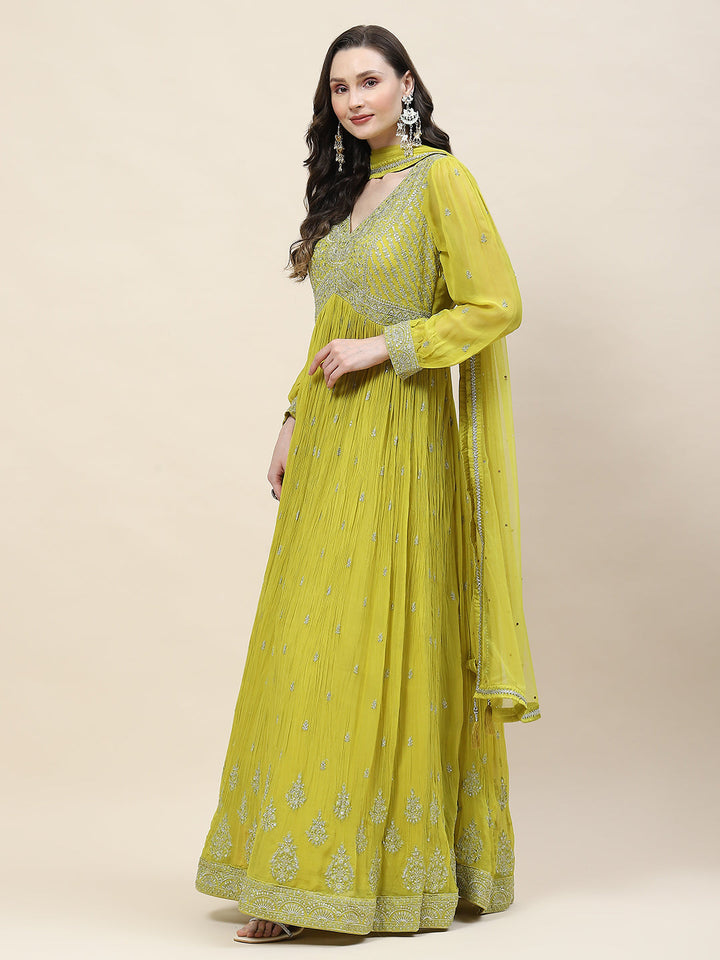 Sequin Embroidery Georgette Kurta With Churidar &amp; Dupatta