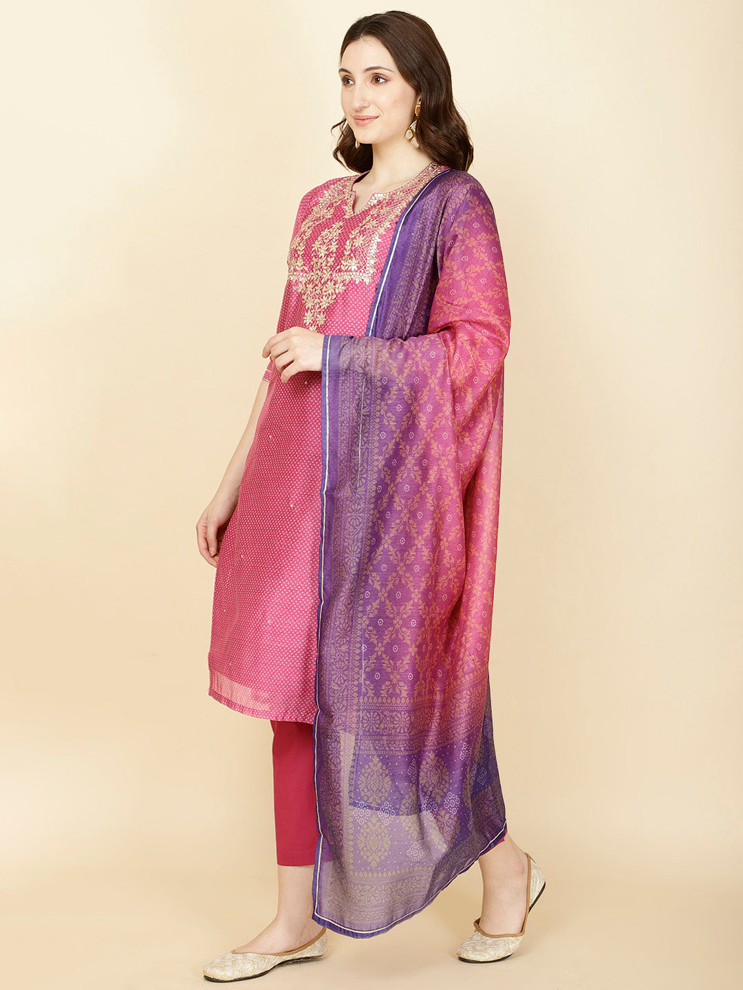 Neck Gota Patti & Printed Chanderi Kurta With Pants & Dupatta