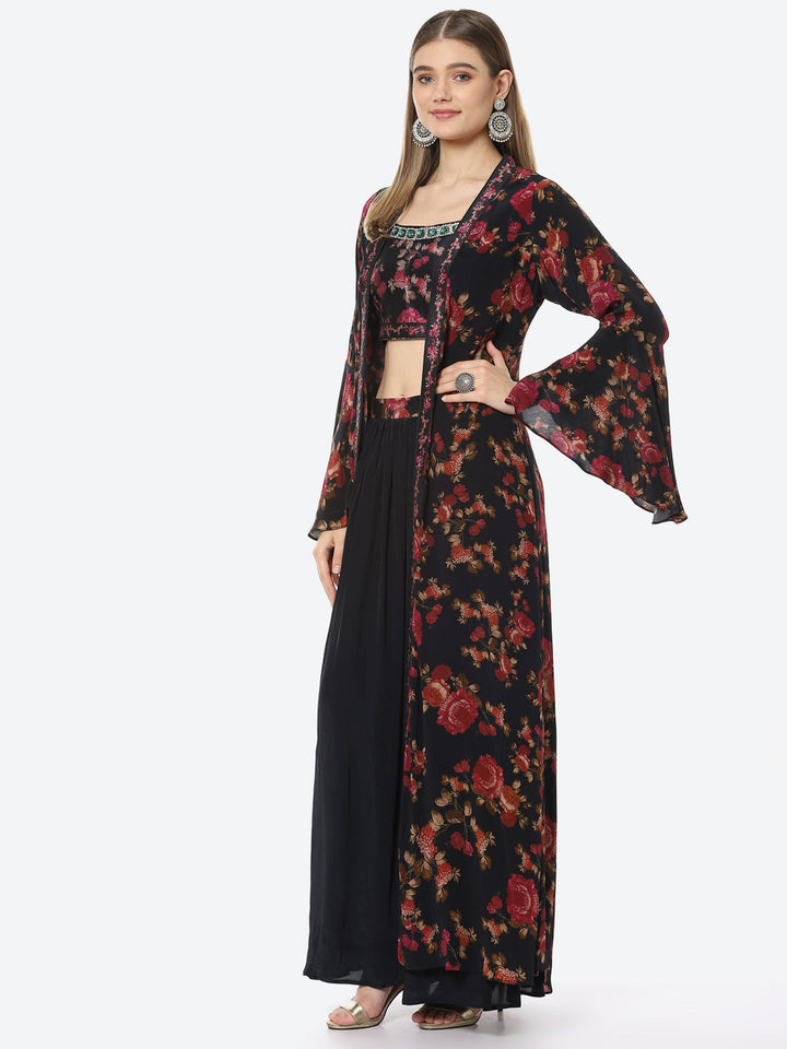 Digital Floral Printed Crepe Crop Top With Sharara &amp; Jacket
