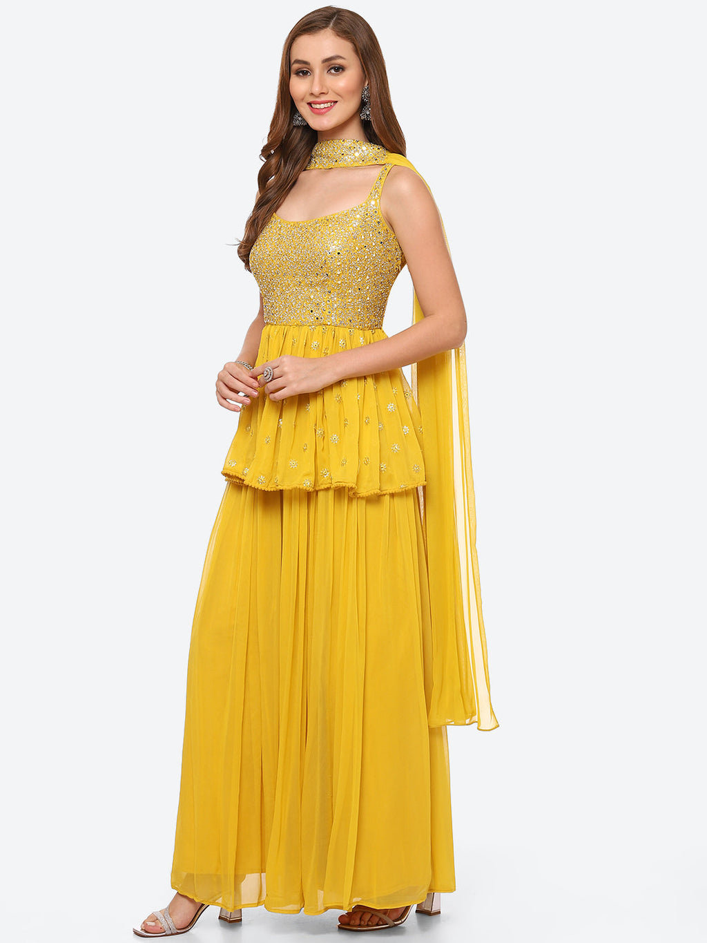Mirror Neck Embroidered Georgette Peplum Kurti With Garara & Georgette Dupatta