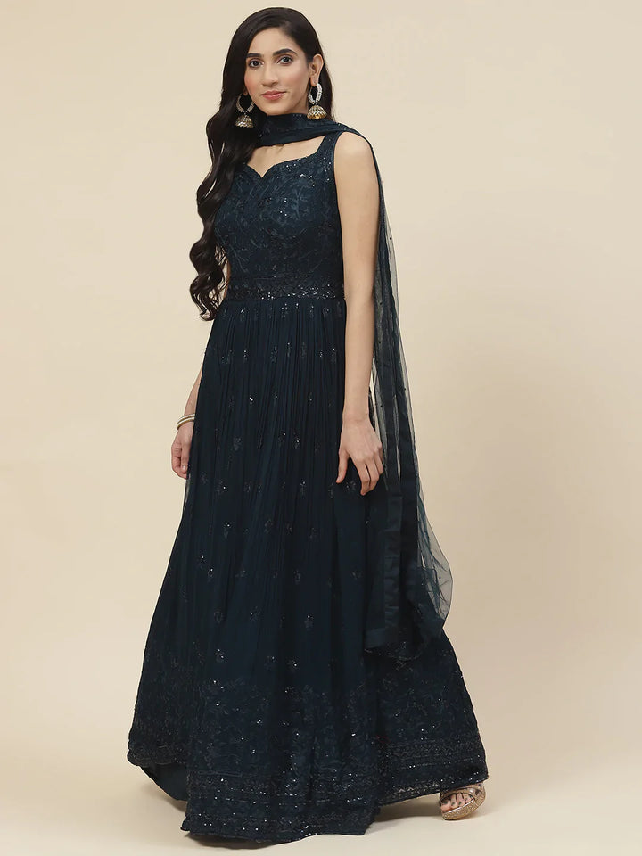 Resham Booti Embroidered Georgette Kurta With Churidar &amp; Dupatta