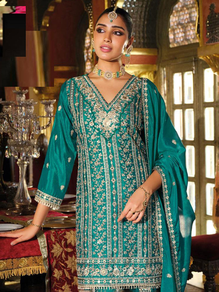 Embroidered Chinon Kurta With Plazzo &amp; Dupatta