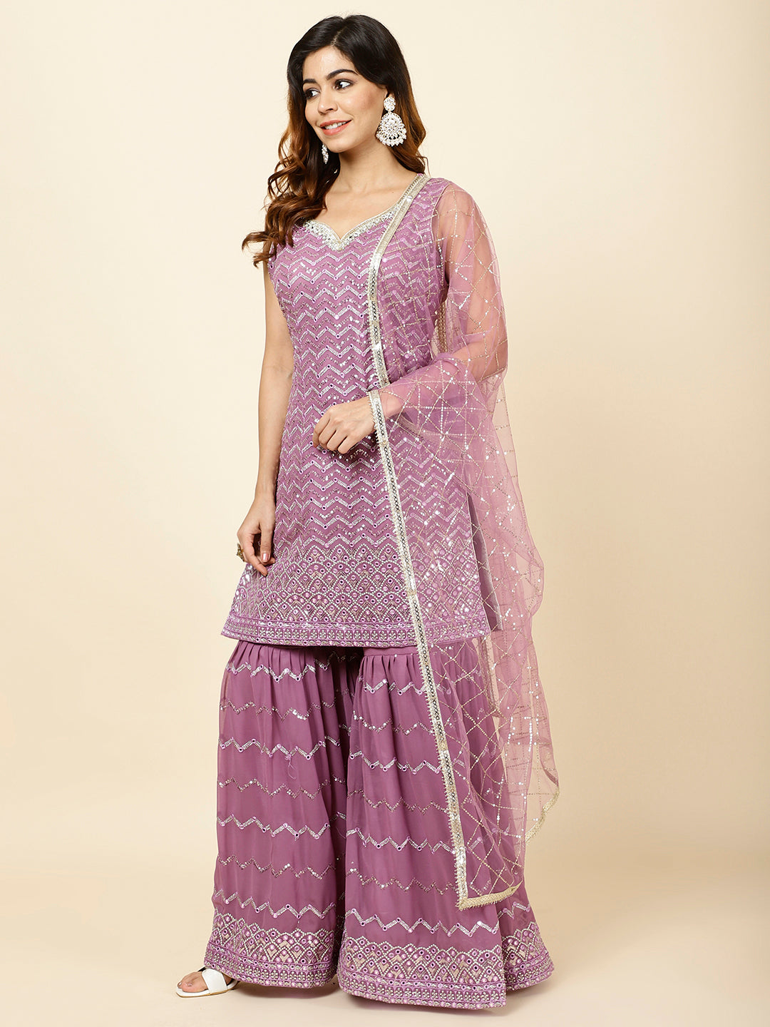 Embroidered Georgette Kurta With Garara &amp; Dupatta