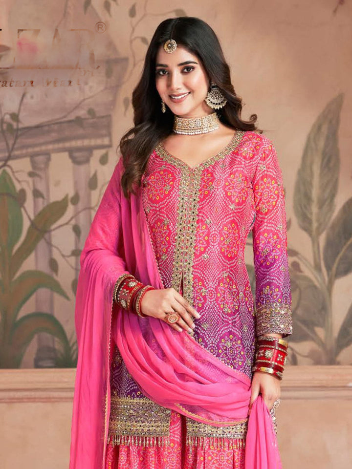 Embroidered Chinon Kurti With Plazzo &amp; Dupatta
