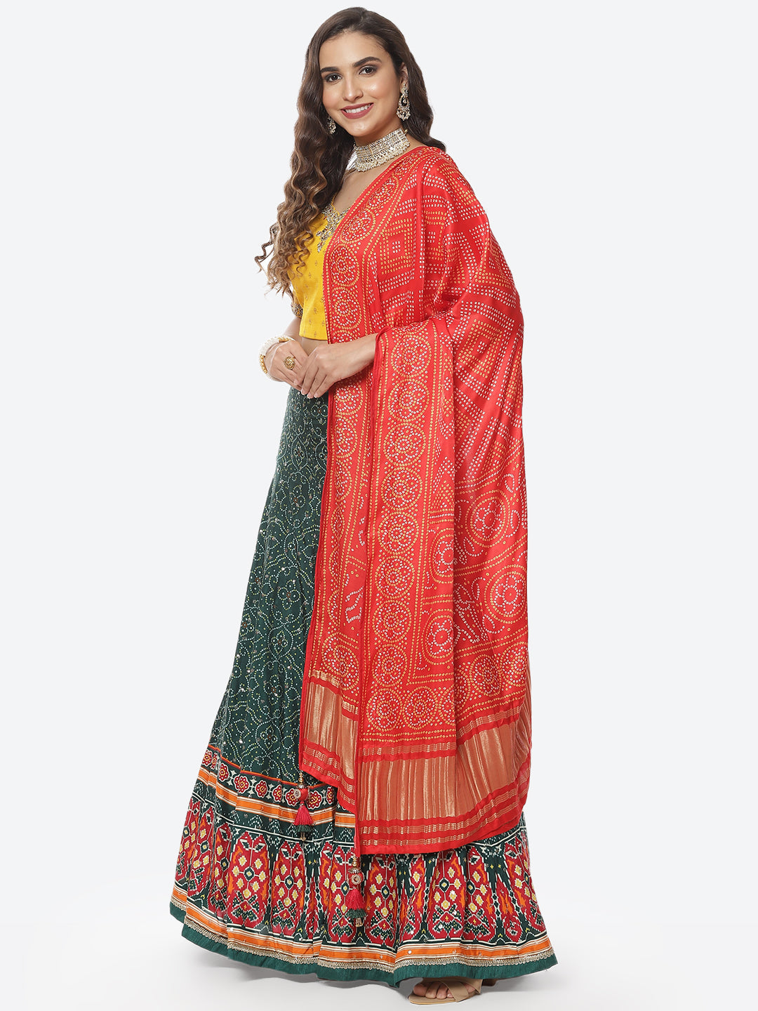 Printed Zari Neck Dupion Lehenga With Choli and Bandhani Printed Dupatta