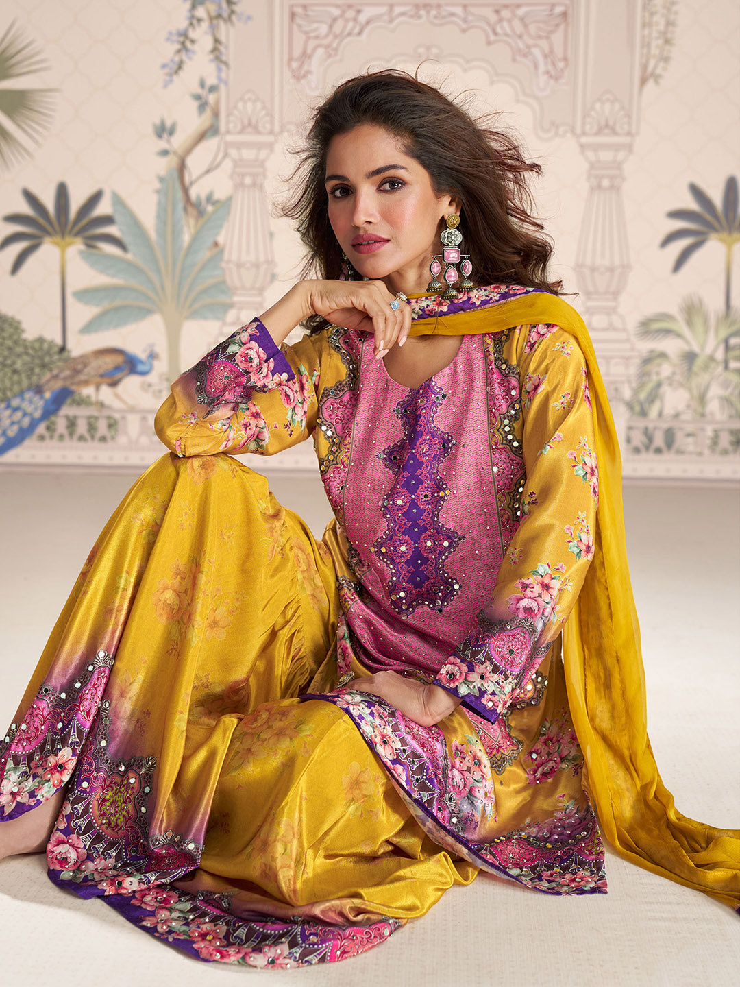 Embroidered Crepe Kurti With Plazzo &amp; Dupatta