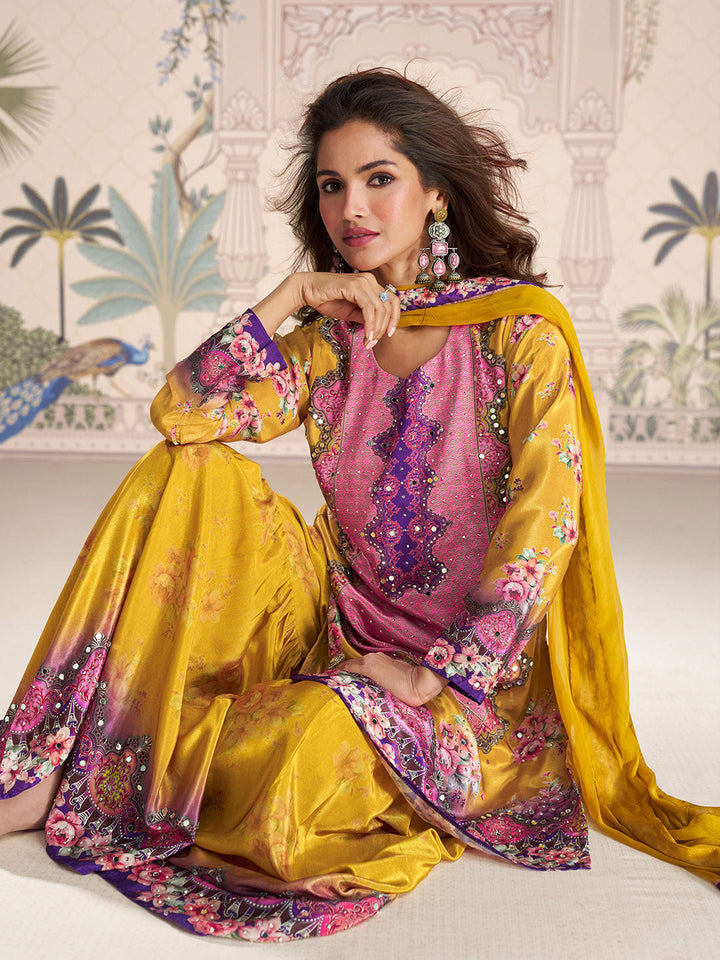 Embroidered Crepe Kurti With Plazzo &amp; Dupatta
