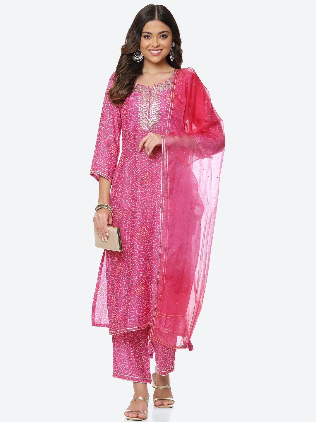 Printed Gota Neck Cotton Kurta With Pant &amp; Dupatta