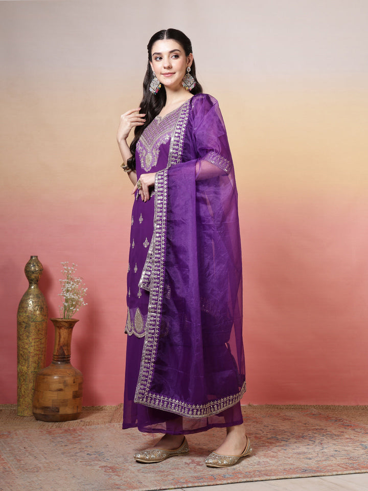 Embroidered Georgette Kurta With Sharara &amp; Dupatta