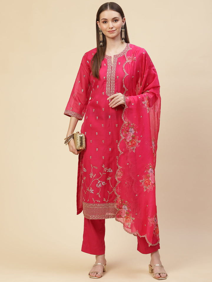 Resham Booti Cotton Kurta With Pants &amp; Dupatta
