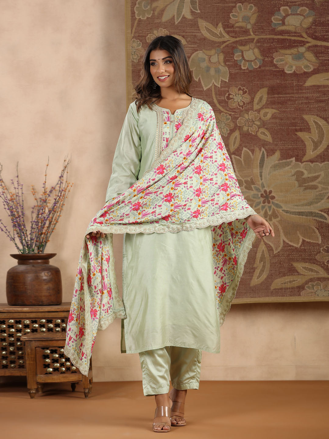 Neck Embroidered Chanderi Kurta With Pants &amp; Dupatta