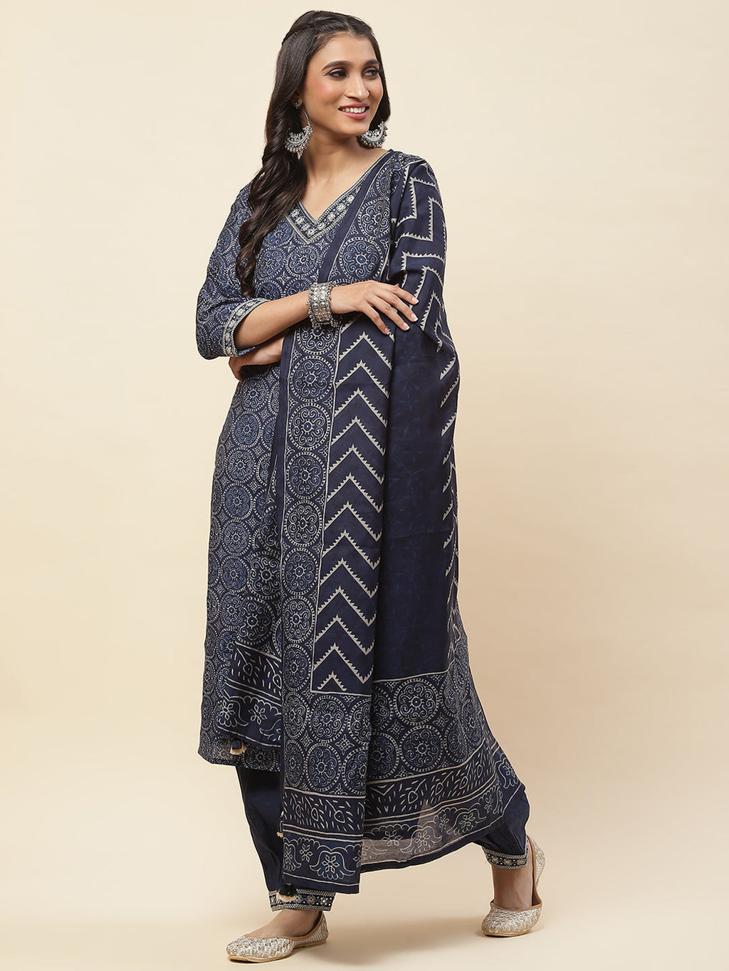Printed Cotton Kurta With Pants & Dupatta