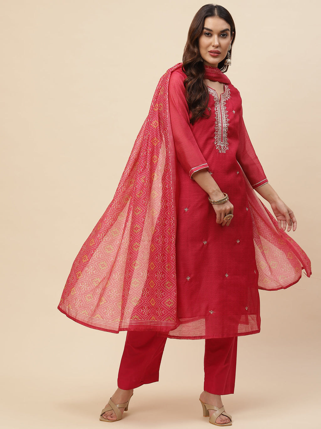 Neck Embroidered Chanderi Kurta With Pants & Dupatta