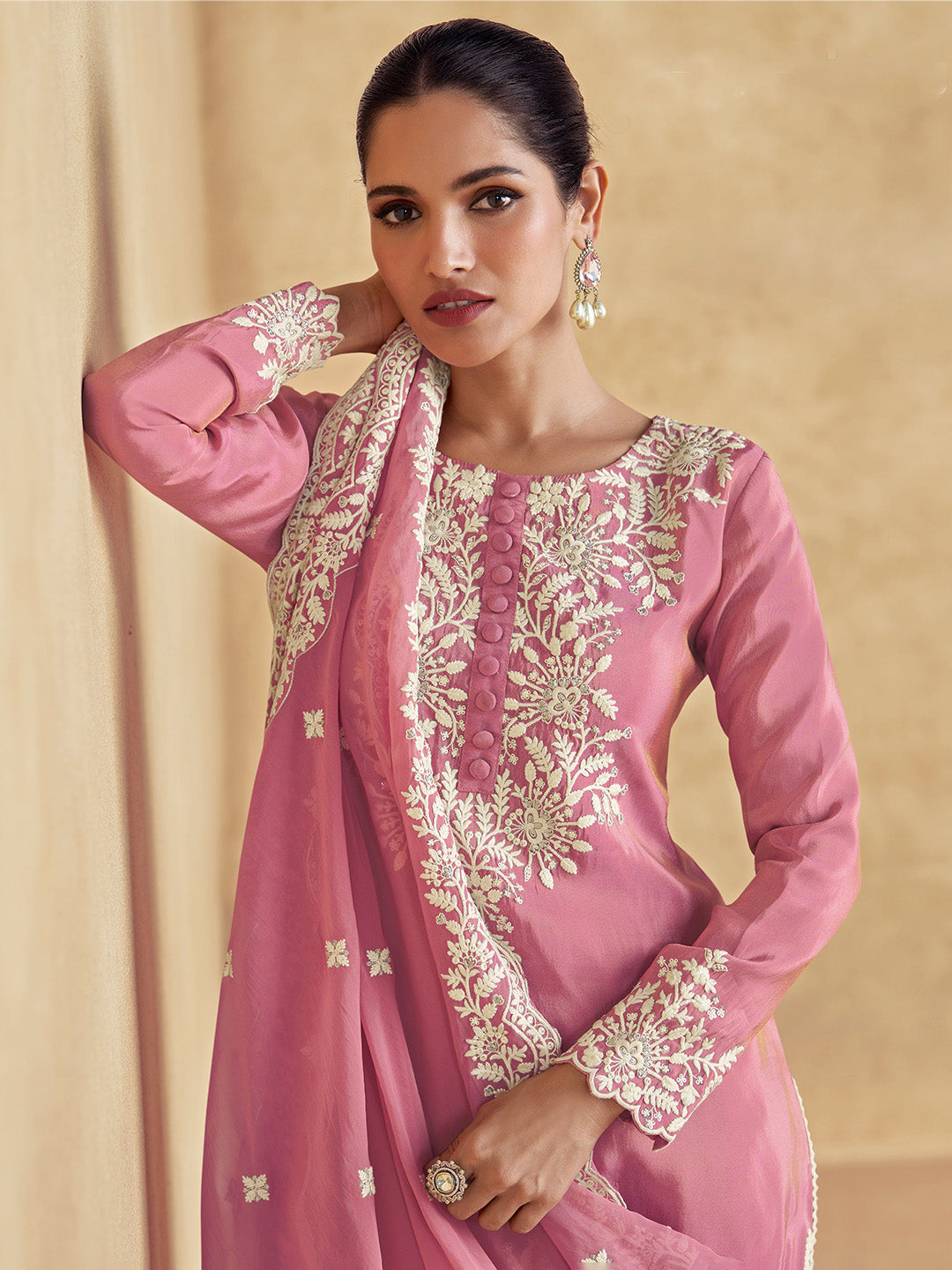 Embroidered Shimmer Silk Kurta With Plazzo &amp; Dupatta