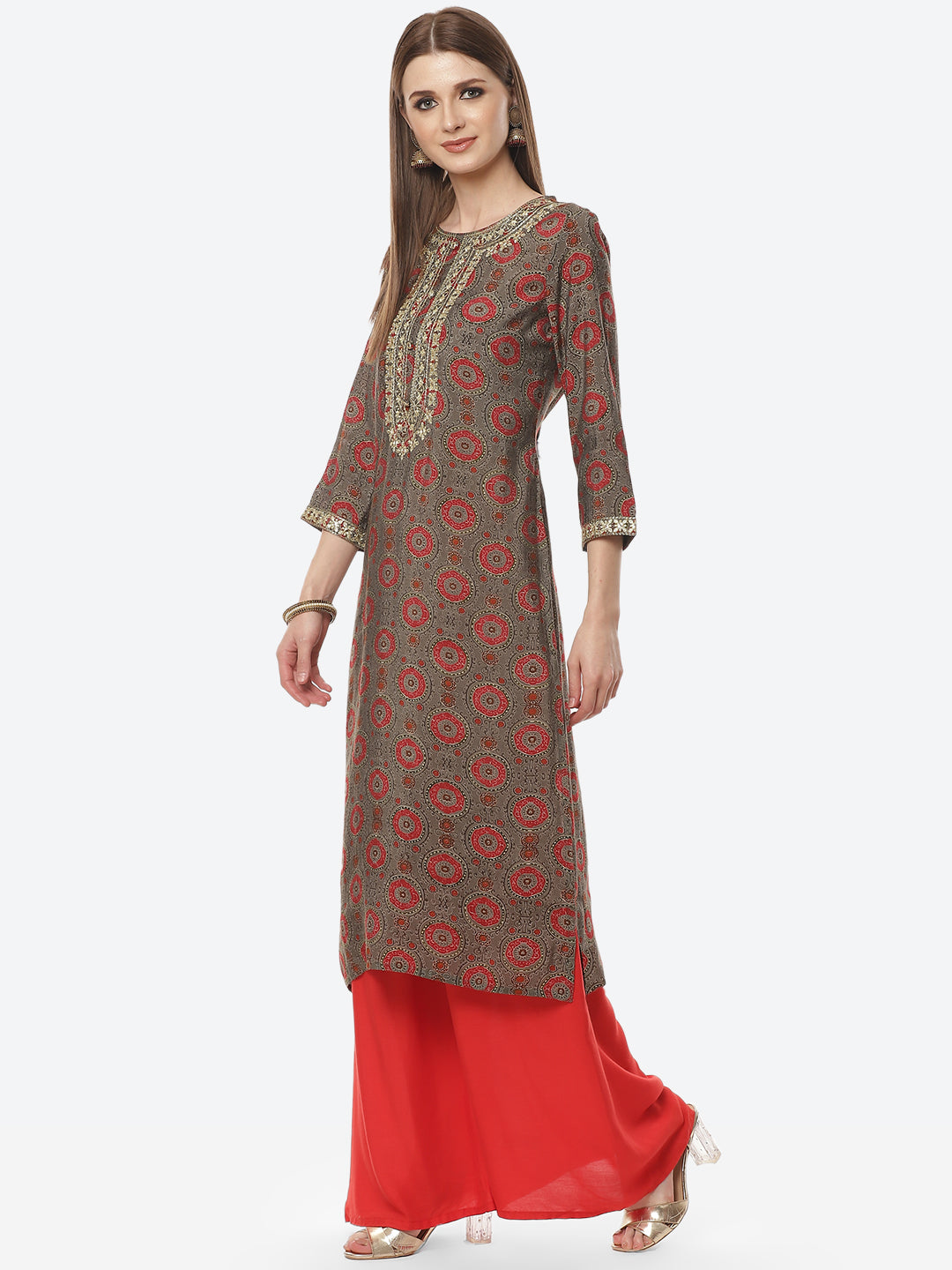 Printed Neck Embroidered Cotton Kurti
