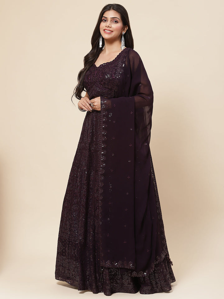Sequin Embroidered Georgette Choli With Lehenga &amp; Dupatta