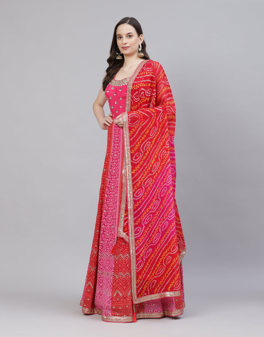 Mirror Work Georgettte Stitched Anarkali Salwar Kameez With Bandhani Printed Dupatta