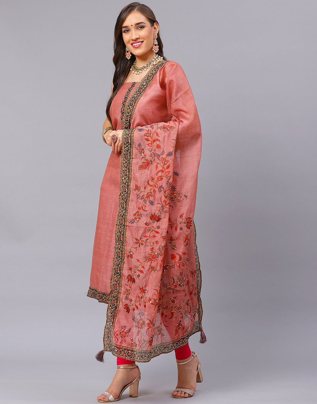Chanderi Embroidered Suit Piece with fancy dupatta