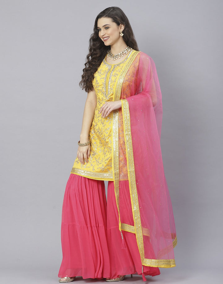 Mustard and Tomato Red Handloom Dupion Salwar Kameez