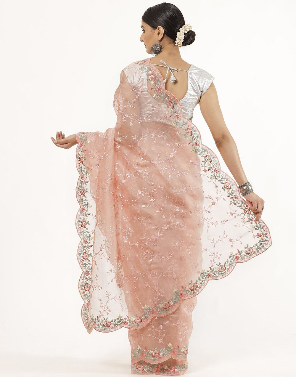 MBZ Meena Bazaar-Organza Silk Saree With Parsi Work