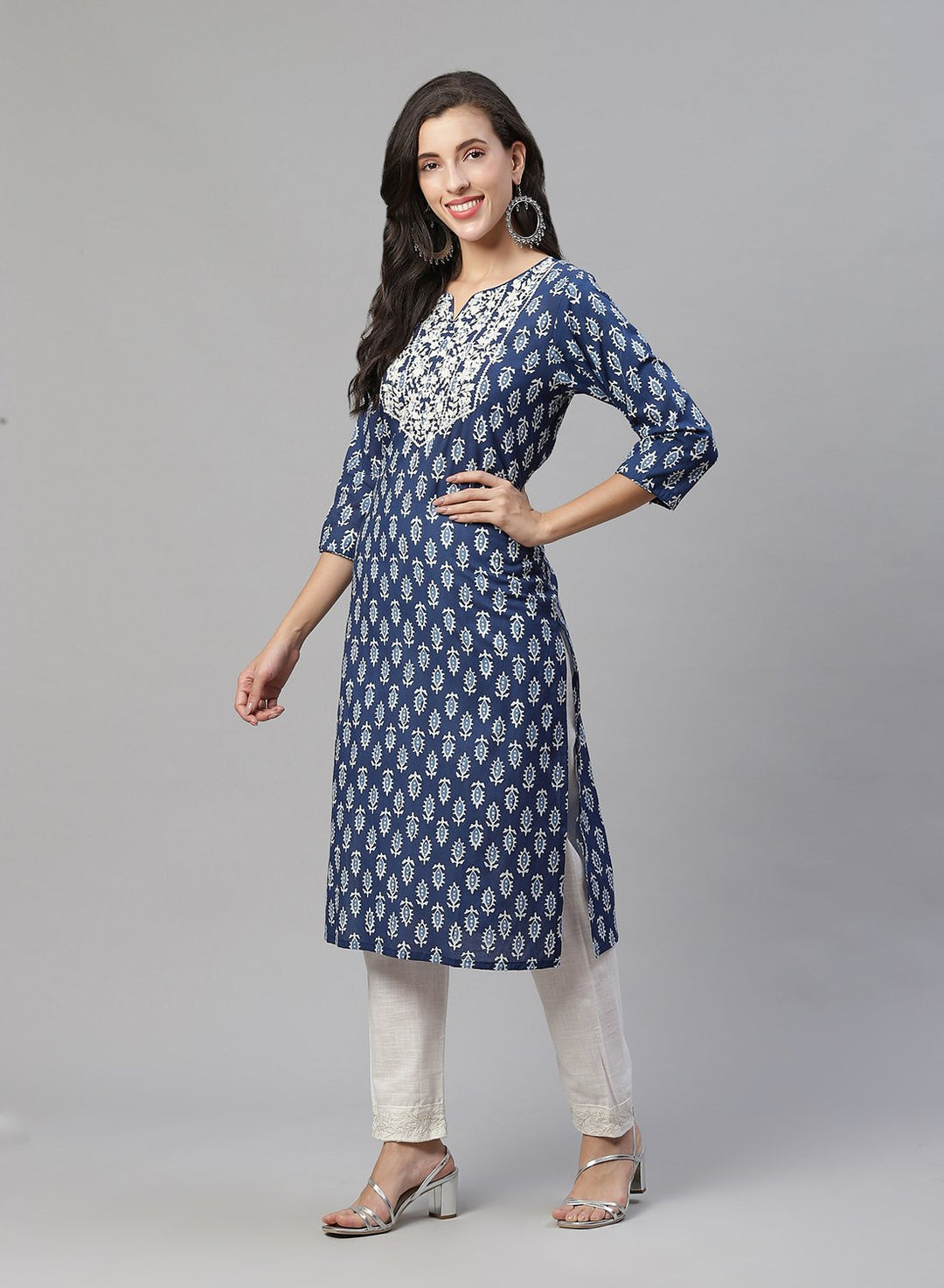 Yoke Embroidered Cotton Printed Kurti Pant Set