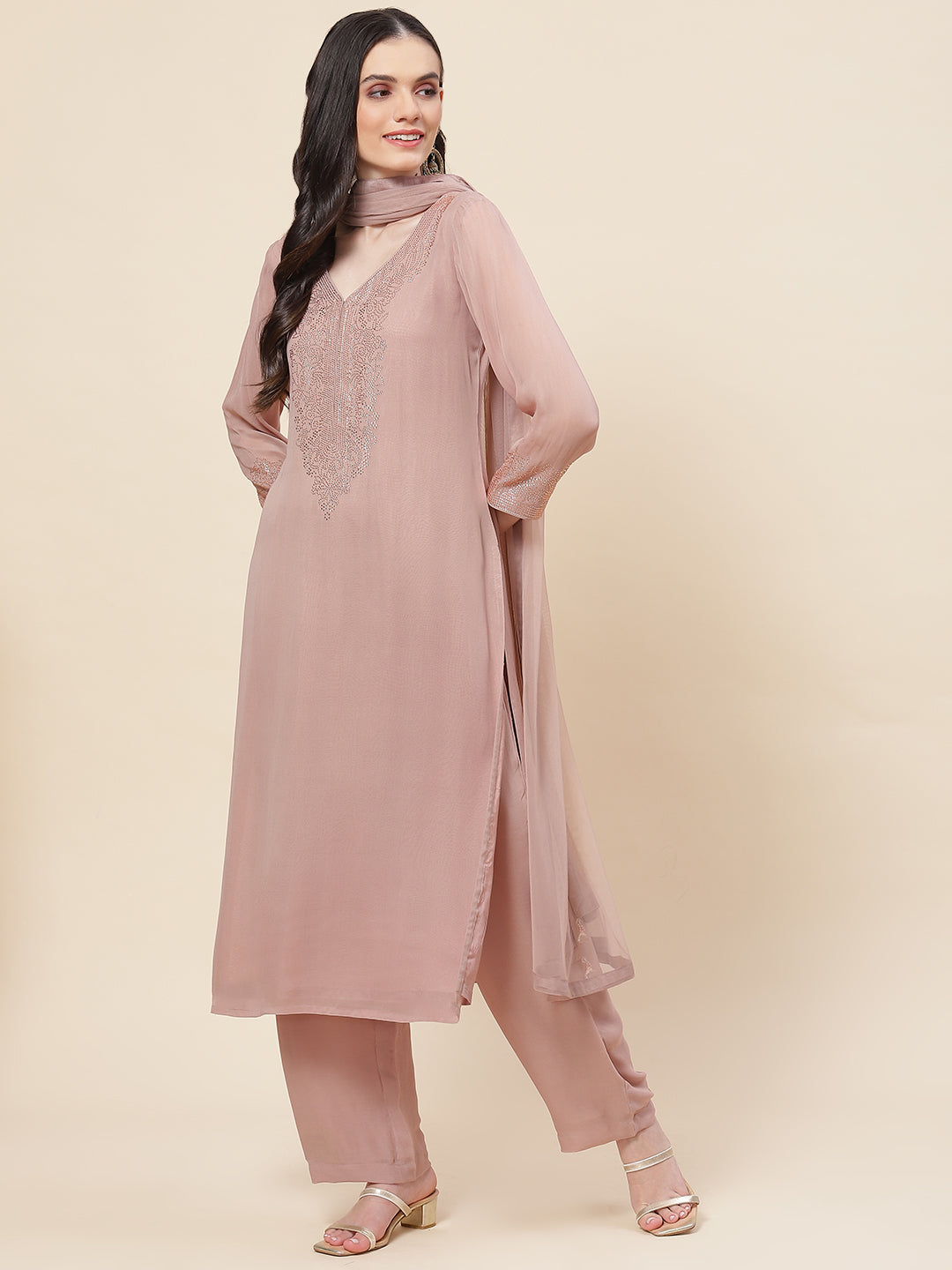 Neck Embellished Georgette Kurta With Palazzo &amp; Dupatta