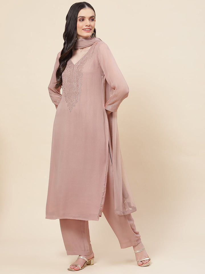 Neck Embellished Georgette Kurta With Palazzo &amp; Dupatta