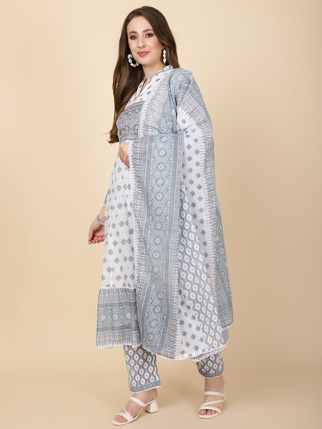 Floral Printed Cotton Kurta With Pants &amp; Dupatta