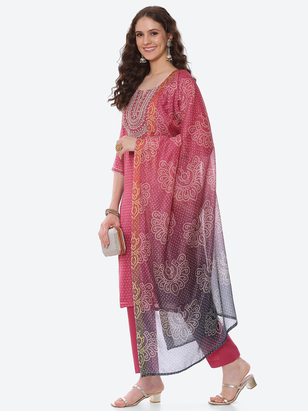Zari Neck Embroidered Chanderi Kurta With Pant &amp; Dupatta