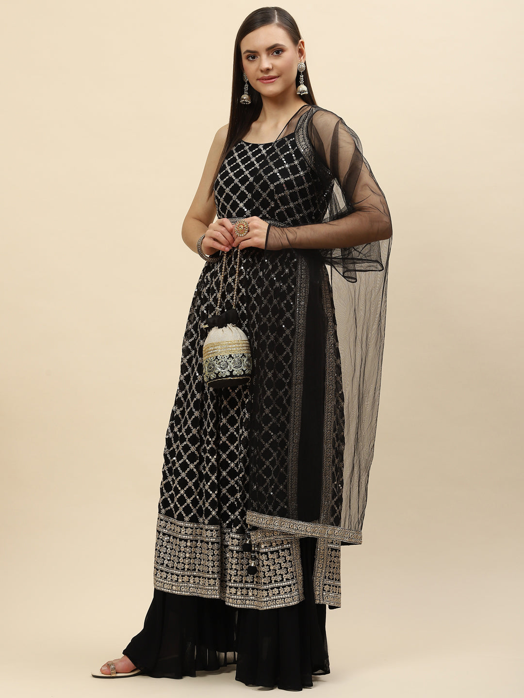 Zari Jaal Embroidered Georgette Kurta With Palazzo &amp; Dupatta