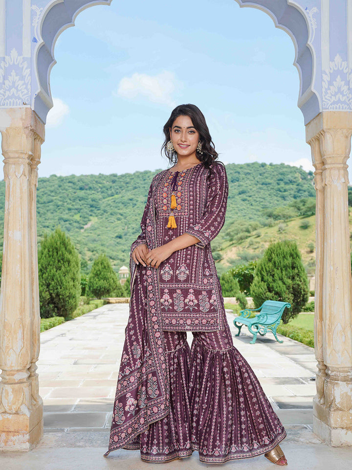 Floral Printed Crepe Kurta With Garara &amp; Silk Dupatta