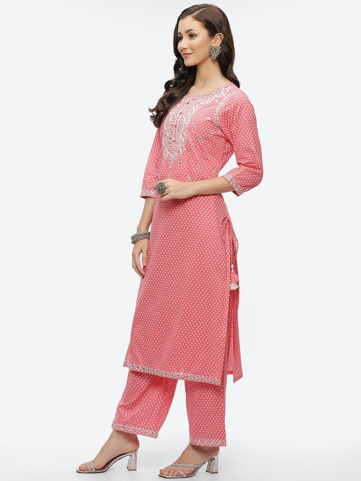 Mirror Neck Embroidered Cotton Kurta With Palazzo