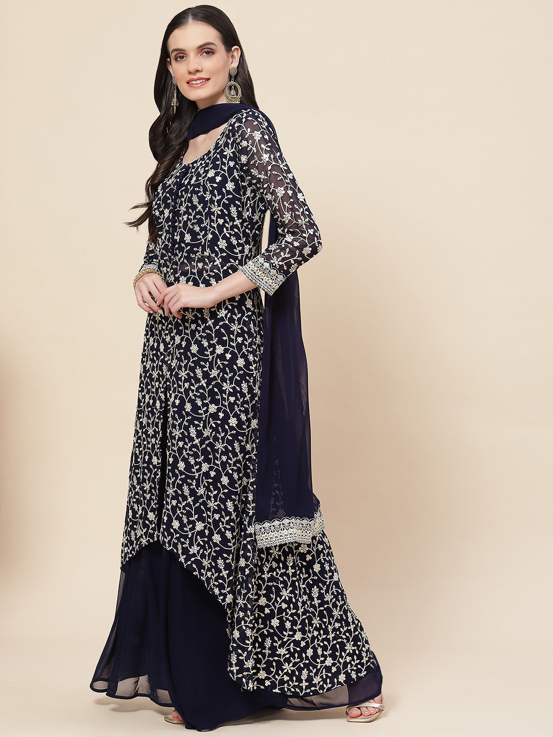 Embroidered Georgette Kurta With Palazzo &amp; Dupatta