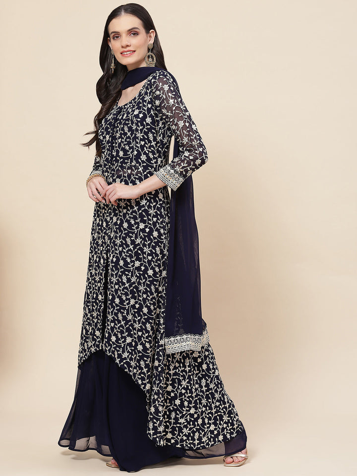 Embroidered Georgette Kurta With Palazzo &amp; Dupatta