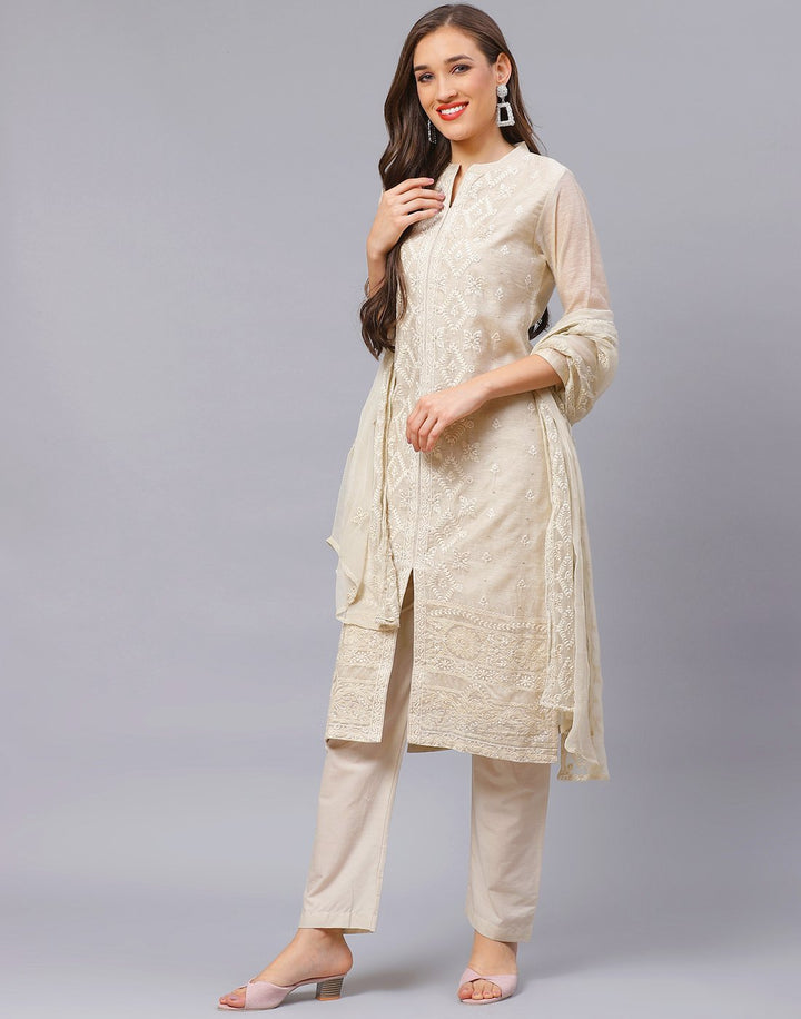 Beige Straight Chanderi Salwar Kameez Stitched Suit