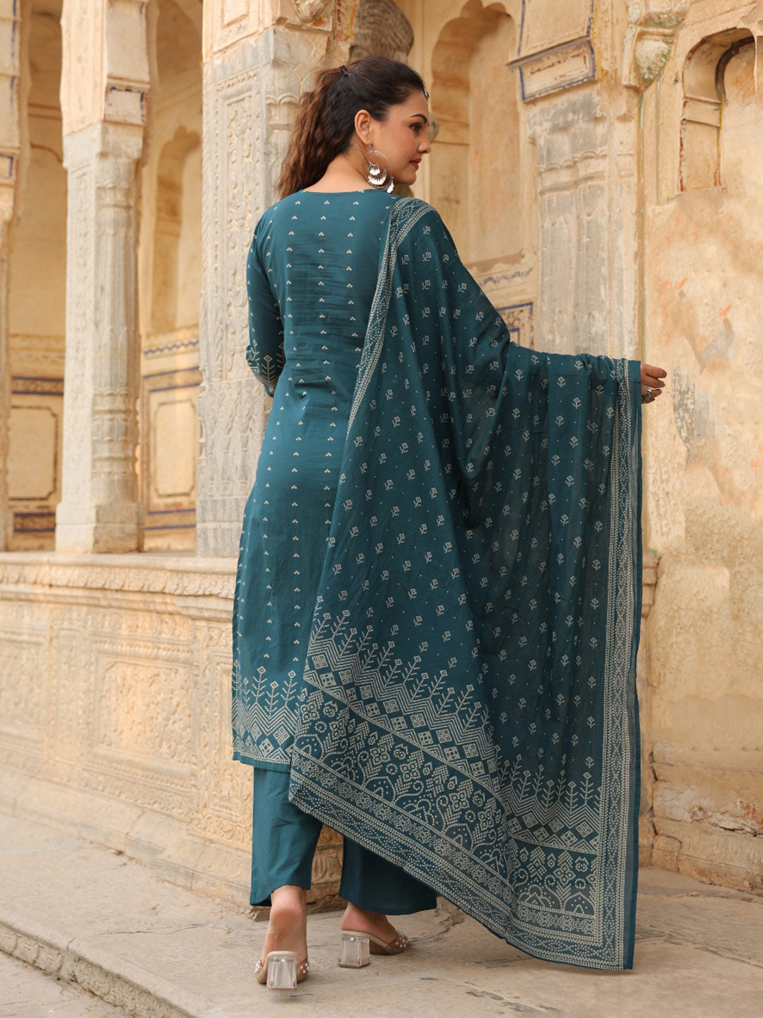 Navy Blue Cotton Blend Printed Straight Suit Set