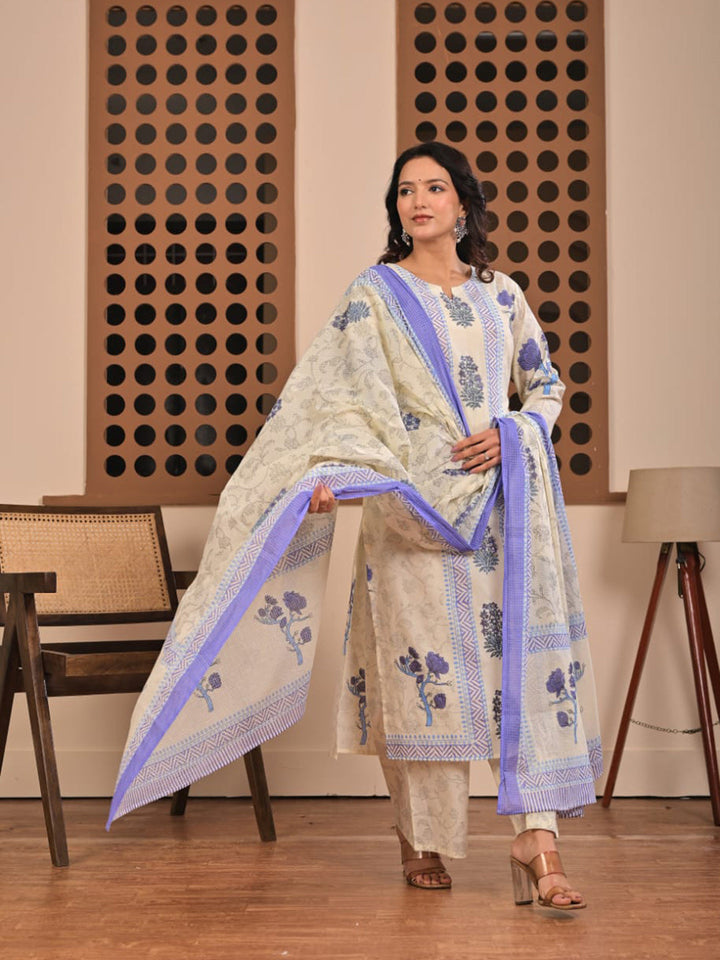 Blue Printed Cotton Blend Straight Suit Set With Dupatta