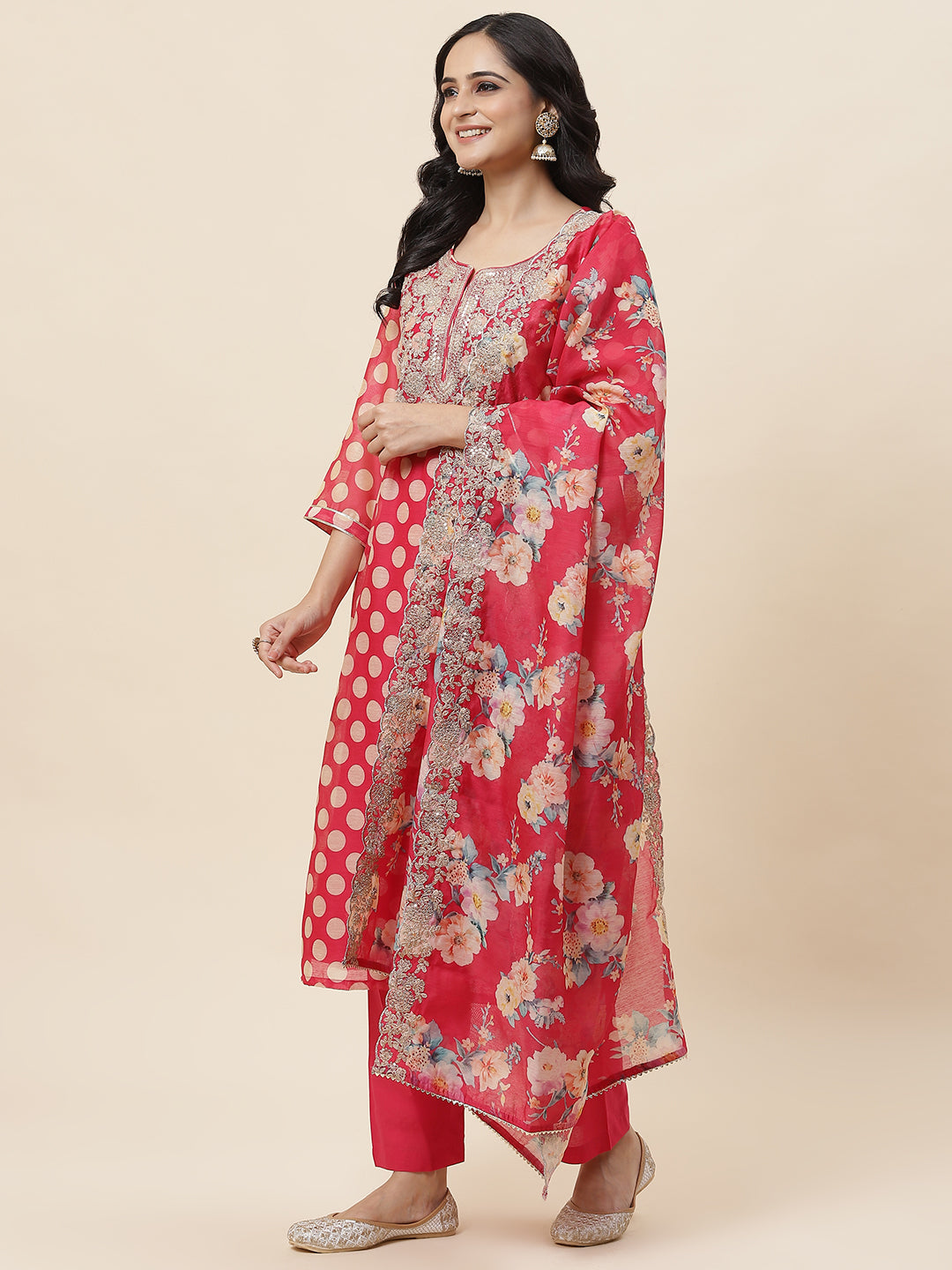 Polka Dot Printed Chanderi Kurta With Pants &amp; Dupatta