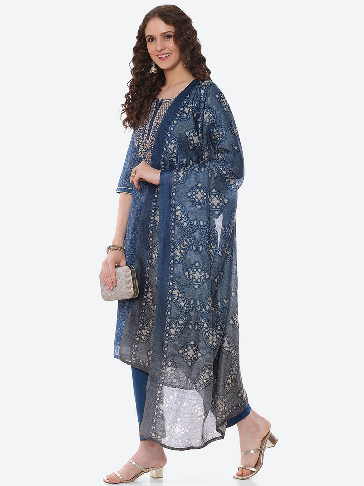 Gota Neck Booti Chanderi Kurta With Pant &amp; Dupatta