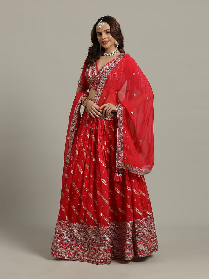 Embroidered Banarasi Choli With Lehenga &amp; Dupatta