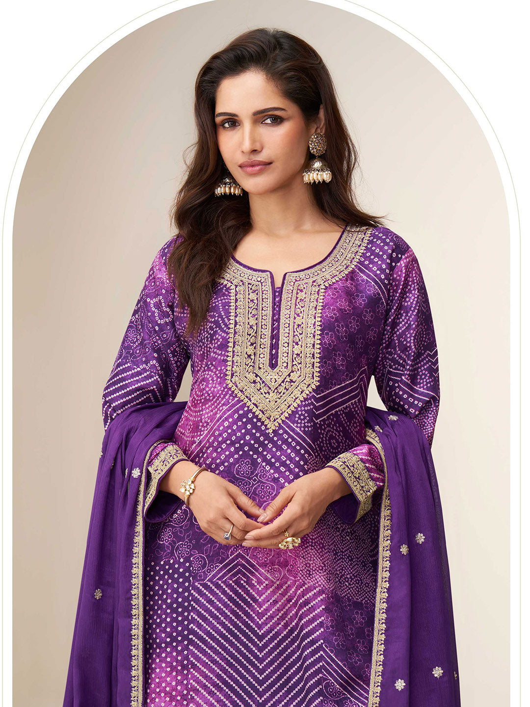 Embroidered Chinon Silk Kurti With Sharara &amp; Dupatta
